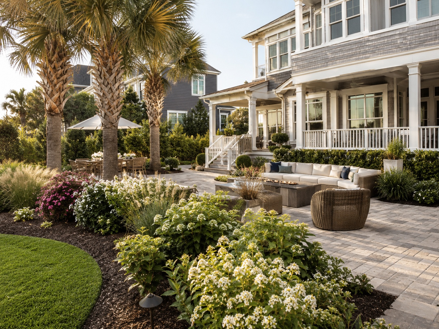 Family enjoying a beautiful landscaped backyard